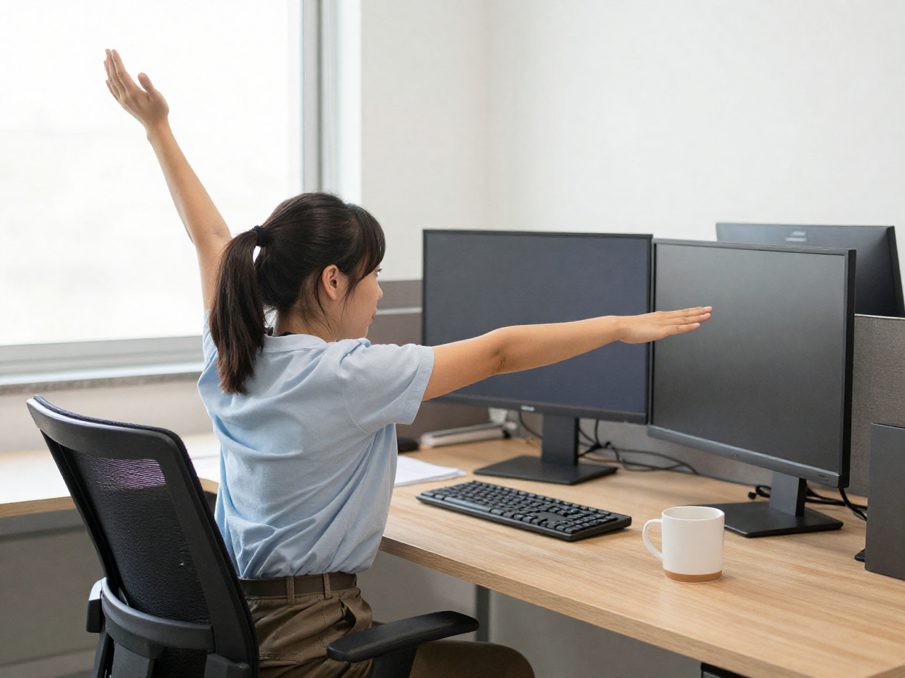 Office worker stretching at desk with Cleanserinse coach
